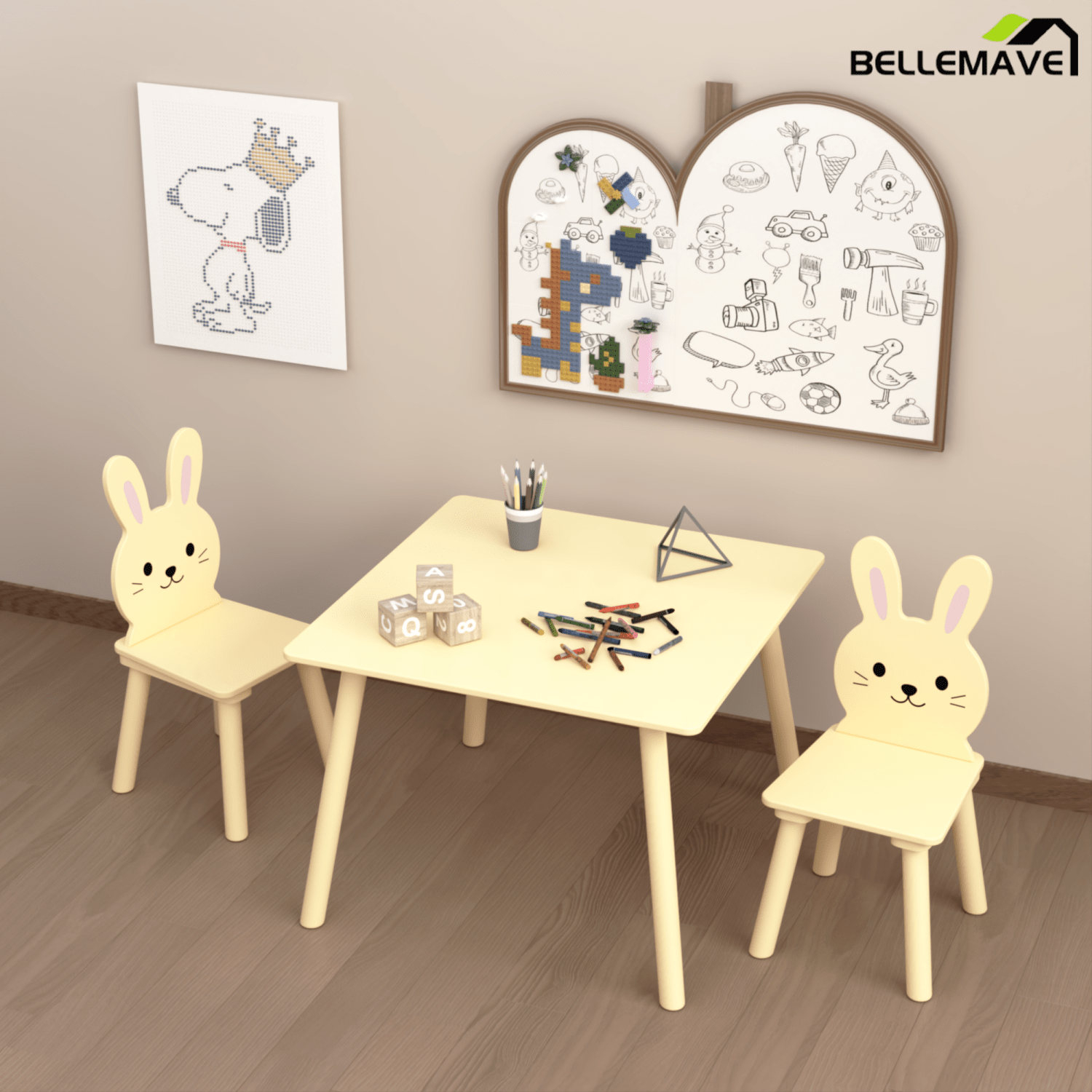 Bellemave® 3 Piece Wood Table & Chair Set for Age 2 - 6 Boy Girl, Wood Activity Tables Drawing Play Table Set w/ 2 Animals Chairs for Nursery, Kindergarten, Age 2 - 6 Boy Girl Home Activity Table Chair 3 - pcs Set - Bellemave