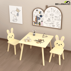 Bellemave® 3 Piece Wood Table & Chair Set for Age 2 - 6 Boy Girl, Wood Activity Tables Drawing Play Table Set w/ 2 Animals Chairs for Nursery, Kindergarten, Age 2 - 6 Boy Girl Home Activity Table Chair 3 - pcs Set - Bellemave