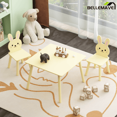 Bellemave® 3 Piece Wood Table & Chair Set for Age 2 - 6 Boy Girl, Wood Activity Tables Drawing Play Table Set w/ 2 Animals Chairs for Nursery, Kindergarten, Age 2 - 6 Boy Girl Home Activity Table Chair 3 - pcs Set - Bellemave