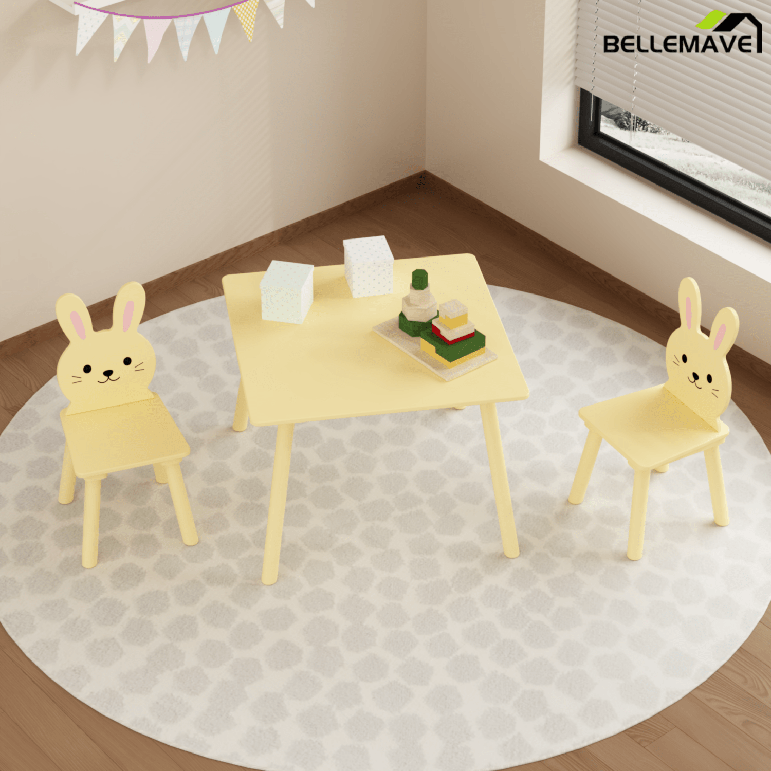 Bellemave® 3 Piece Wood Table & Chair Set for Age 2 - 6 Boy Girl, Wood Activity Tables Drawing Play Table Set w/ 2 Animals Chairs for Nursery, Kindergarten, Age 2 - 6 Boy Girl Home Activity Table Chair 3 - pcs Set - Bellemave