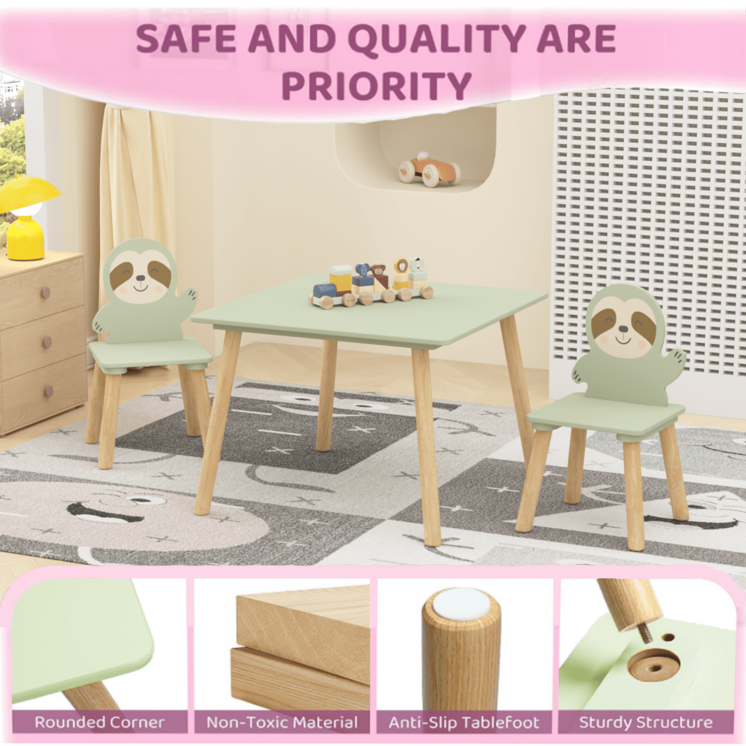 Bellemave® 3 Piece Wood Table & Chair Set for Age 2 - 6 Boy Girl, Wood Activity Tables Drawing Play Table Set w/ 2 Animals Chairs for Nursery, Kindergarten, Age 2 - 6 Boy Girl Home Activity Table Chair 3 - pcs Set - Bellemave