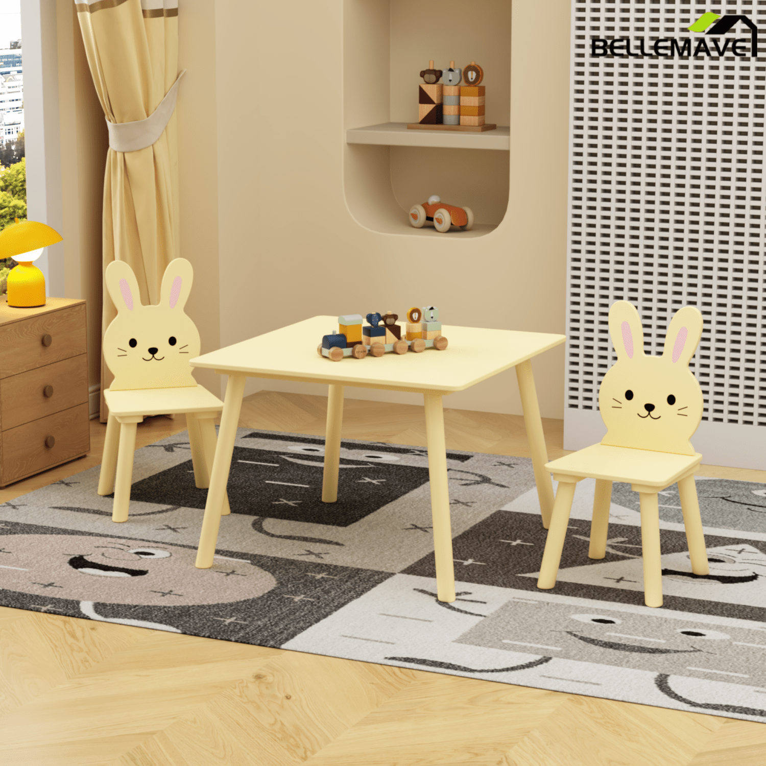 Bellemave® 3 Piece Wood Table & Chair Set for Age 2 - 6 Boy Girl, Wood Activity Tables Drawing Play Table Set w/ 2 Animals Chairs for Nursery, Kindergarten, Age 2 - 6 Boy Girl Home Activity Table Chair 3 - pcs Set - Bellemave