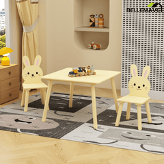 Bellemave® 3 Piece Wood Table & Chair Set for Age 2 - 6 Boy Girl, Wood Activity Tables Drawing Play Table Set w/ 2 Animals Chairs for Nursery, Kindergarten, Age 2 - 6 Boy Girl Home Activity Table Chair 3 - pcs Set - Bellemave
