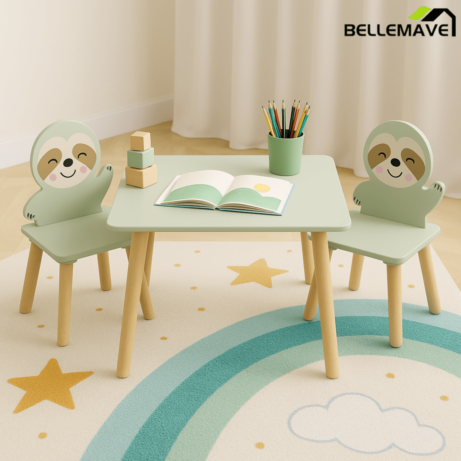 Bellemave® 3 Piece Wood Table & Chair Set for Age 2 - 6 Boy Girl, Wood Activity Tables Drawing Play Table Set w/ 2 Animals Chairs for Nursery, Kindergarten, Age 2 - 6 Boy Girl Home Activity Table Chair 3 - pcs Set - Bellemave