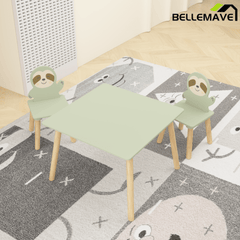 Bellemave® 3 Piece Wood Table & Chair Set for Age 2 - 6 Boy Girl, Wood Activity Tables Drawing Play Table Set w/ 2 Animals Chairs for Nursery, Kindergarten, Age 2 - 6 Boy Girl Home Activity Table Chair 3 - pcs Set - Bellemave