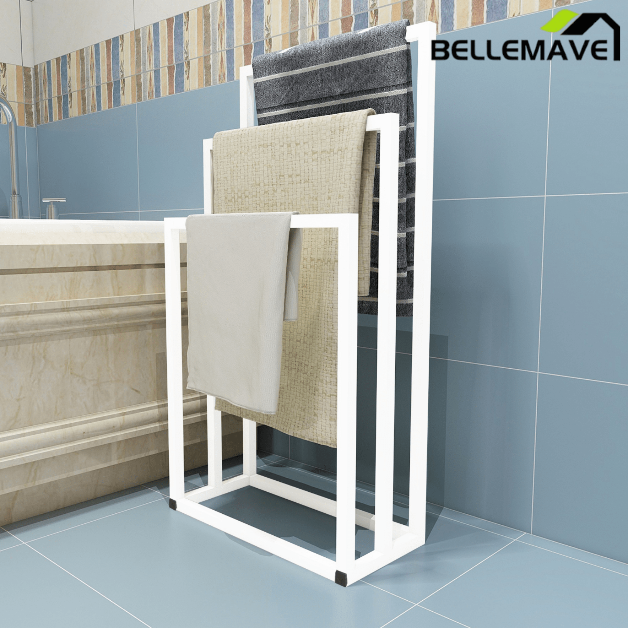 Bellemave® 3 - Tier Metal Towel Rack 3 Bars Freestanding Towel Holder Drying Shelf Stand Towel Bar Storage Ladder Bathroom Accessories Organizer Bath Storage,Hand Towel,Washcloth,Kitchen Cloth - Bellemave
