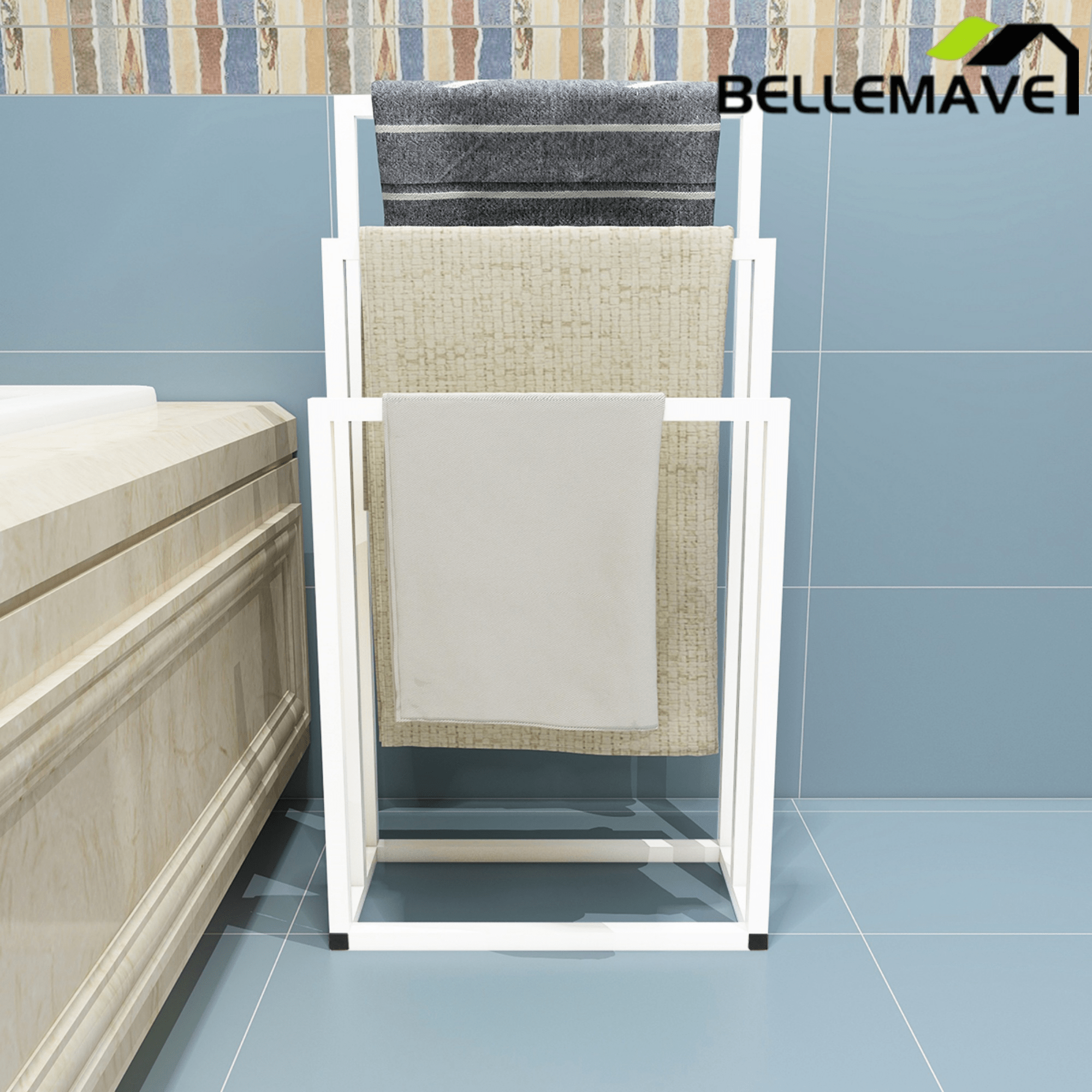Bellemave® 3 - Tier Metal Towel Rack 3 Bars Freestanding Towel Holder Drying Shelf Stand Towel Bar Storage Ladder Bathroom Accessories Organizer Bath Storage,Hand Towel,Washcloth,Kitchen Cloth - Bellemave