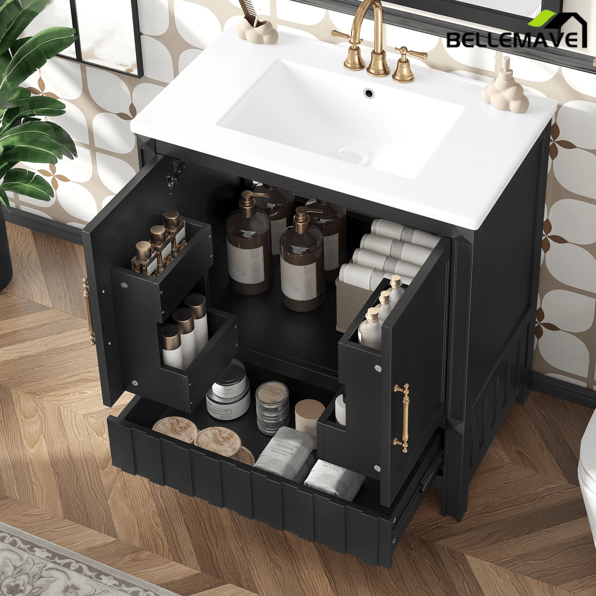 Bellemave® 30" Bathroom Vanity with Sink and Drawer,Bathroom Cabinet with Storage Shelves,Solid Wood Freestanding Vanity Cabinet,Black - Bellemave