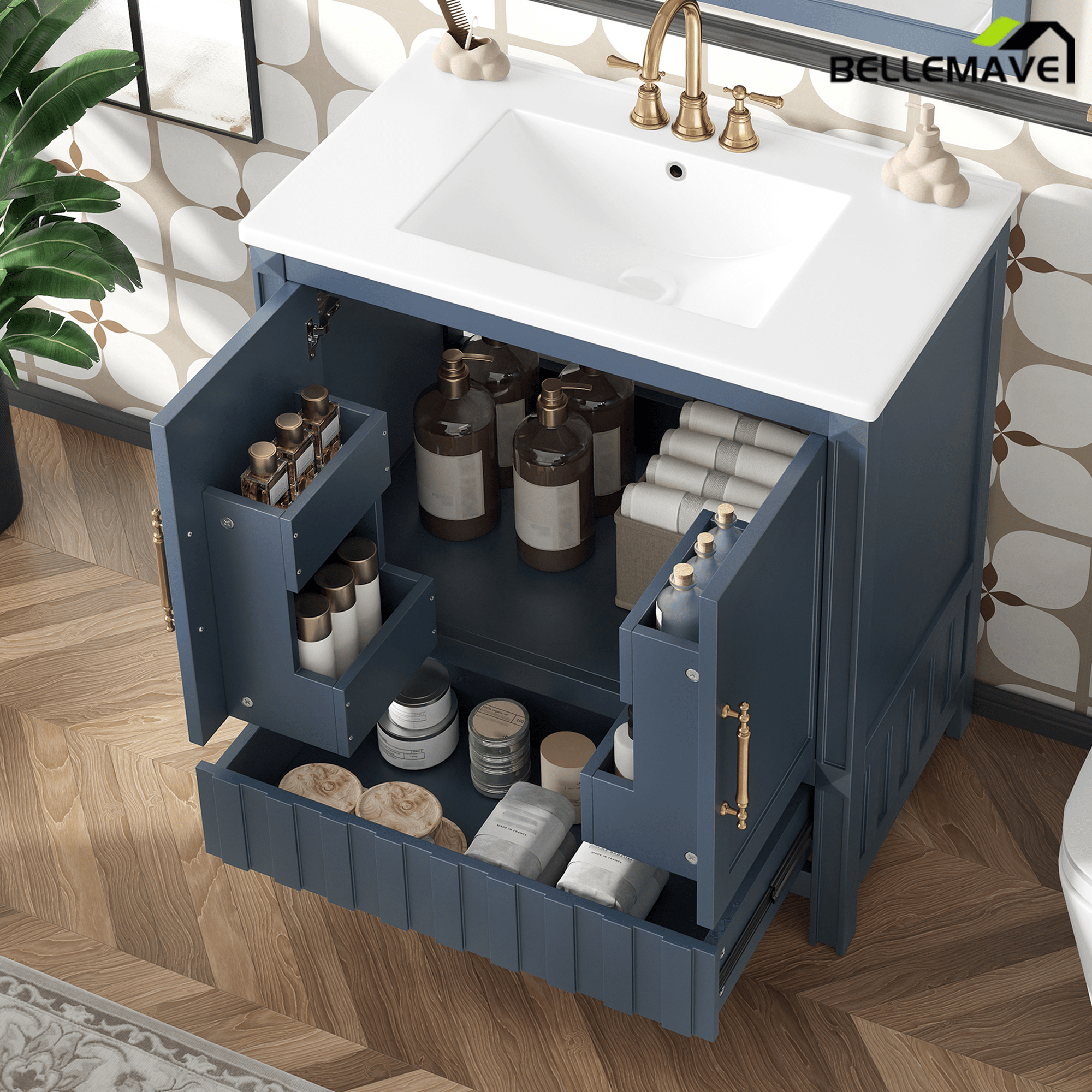 Bellemave® 30" Bathroom Vanity with Sink and Drawer,Bathroom Cabinet with Storage Shelves,Solid Wood Freestanding Vanity Cabinet,Black - Bellemave