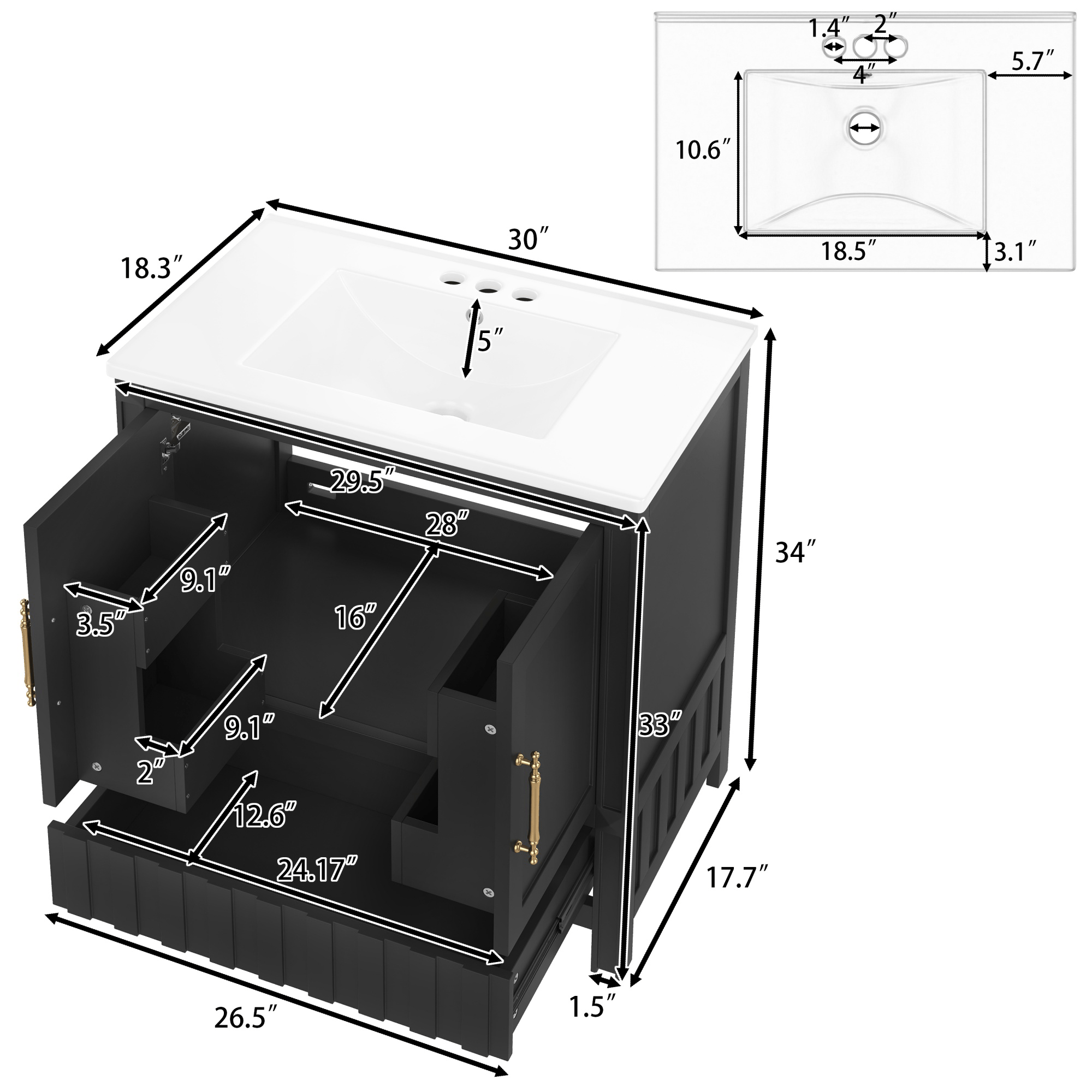 Bellemave® 30" Bathroom Vanity with Sink and Drawer,Bathroom Cabinet with Storage Shelves,Solid Wood Freestanding Vanity Cabinet,Black - Bellemave