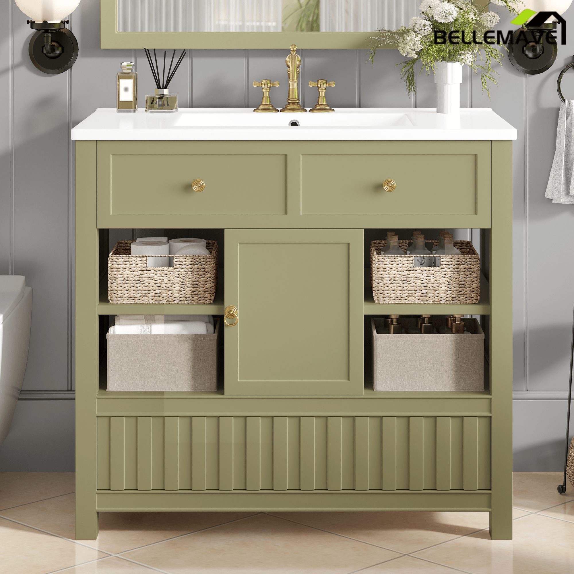 Bellemave® 30" Bathroom Vanity with Sink and Drawer,Bathroom Cabinet with Storage Shelves,Solid Wood Freestanding Vanity Cabinet,Black - Bellemave