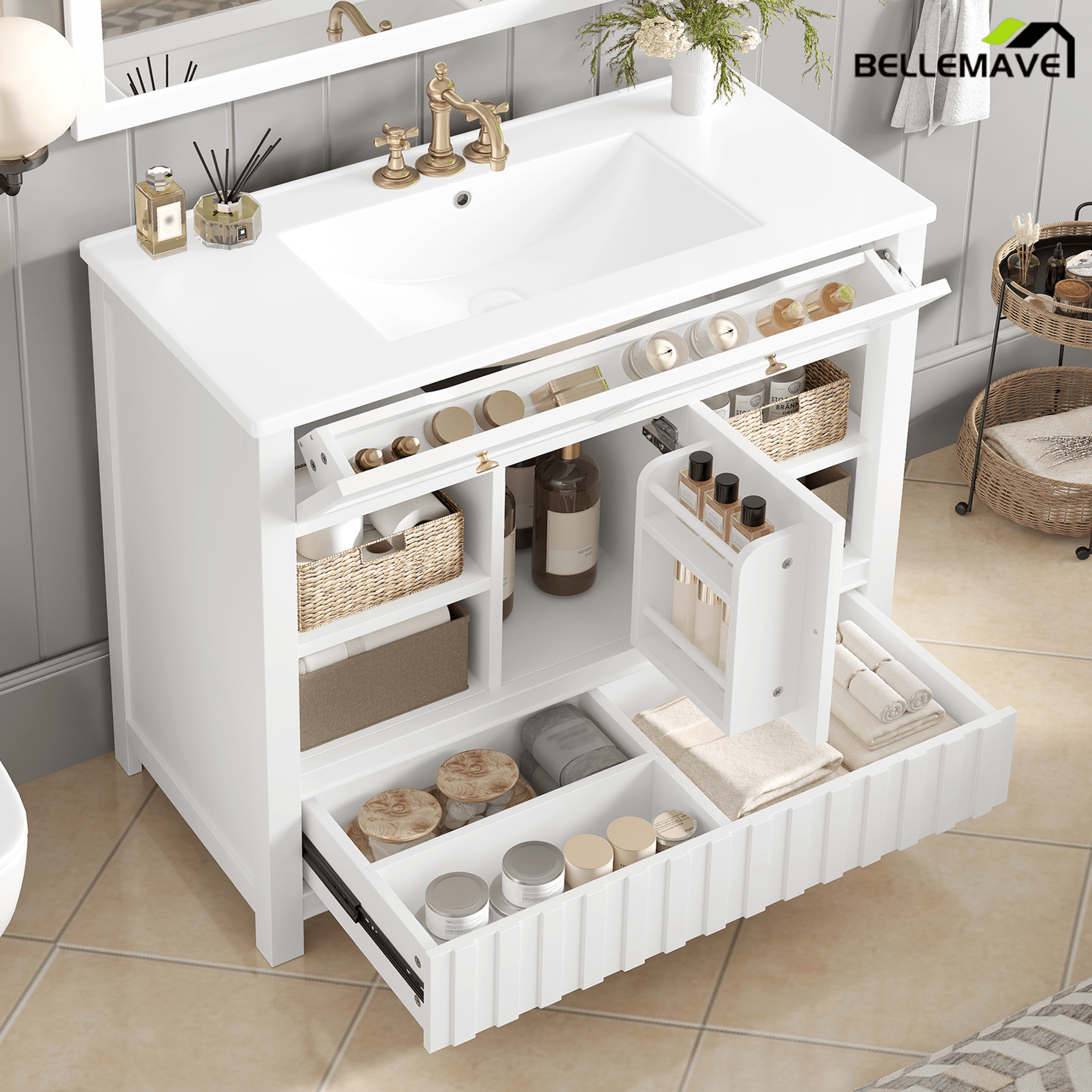 Bellemave® 30" Bathroom Vanity with Sink and Drawer,Bathroom Cabinet with Storage Shelves,Solid Wood Freestanding Vanity Cabinet,Black - Bellemave