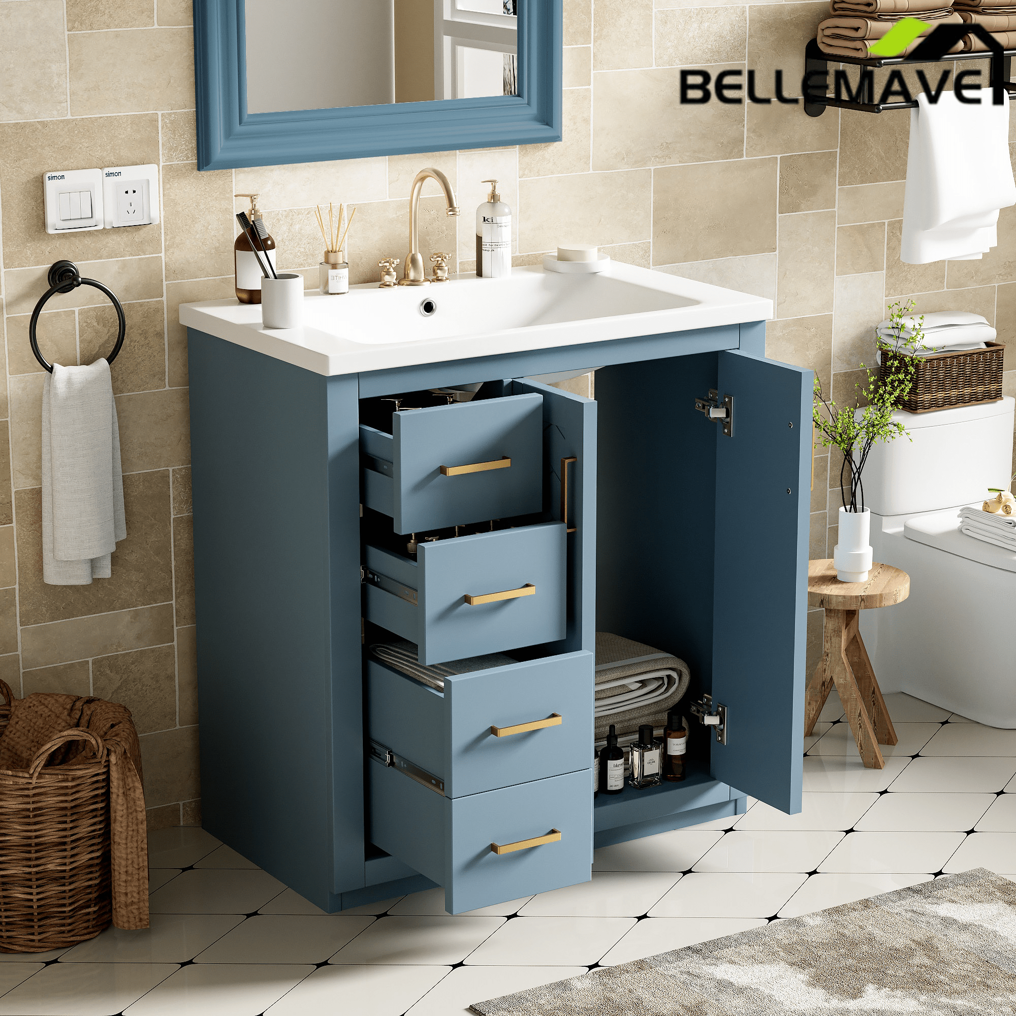 Bellemave® 30 inch Bathroom Vanity with Sink & Countertop,Solid Wood Frame Bathroom Cabinet with Sink,Modern Sink Storage Cabinet with 3 Drawers & Soft Closing Doors - Bellemave