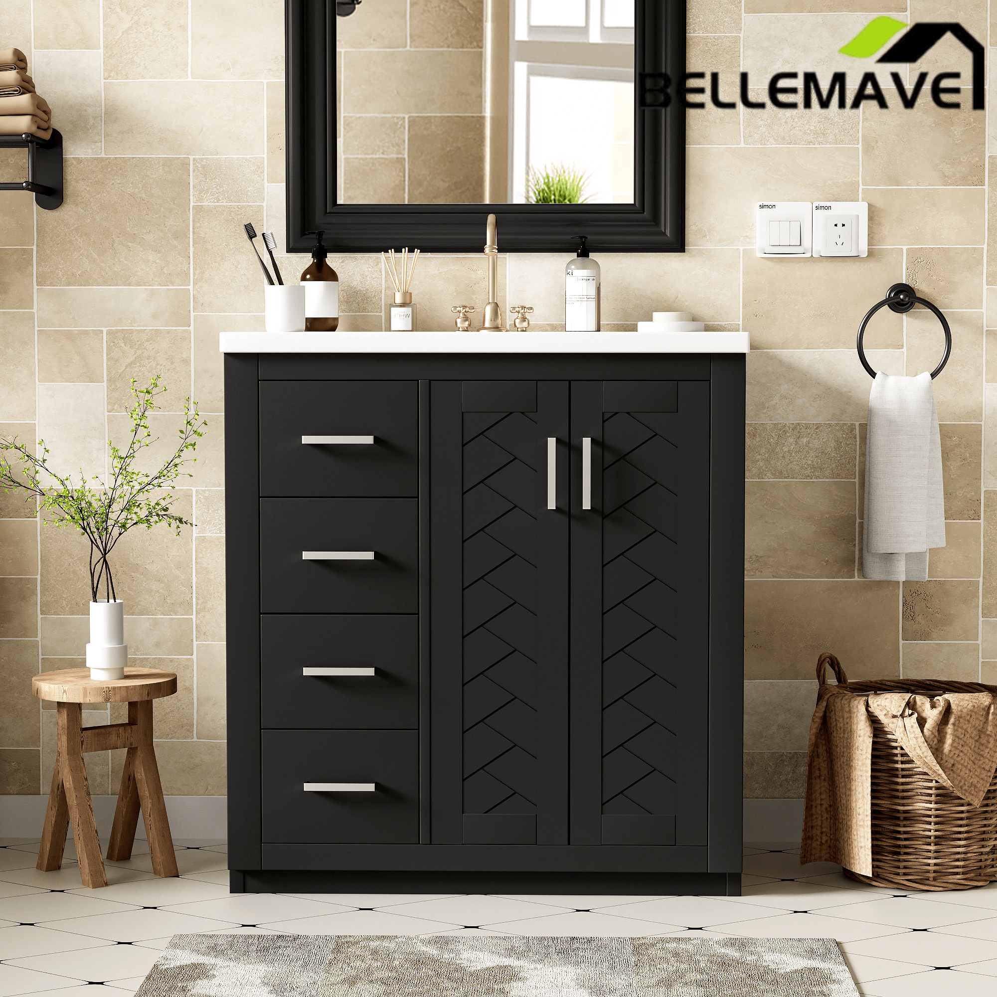 Bellemave® 30 inch Bathroom Vanity with Sink & Countertop,Solid Wood Frame Bathroom Cabinet with Sink,Modern Sink Storage Cabinet with 3 Drawers & Soft Closing Doors - Bellemave
