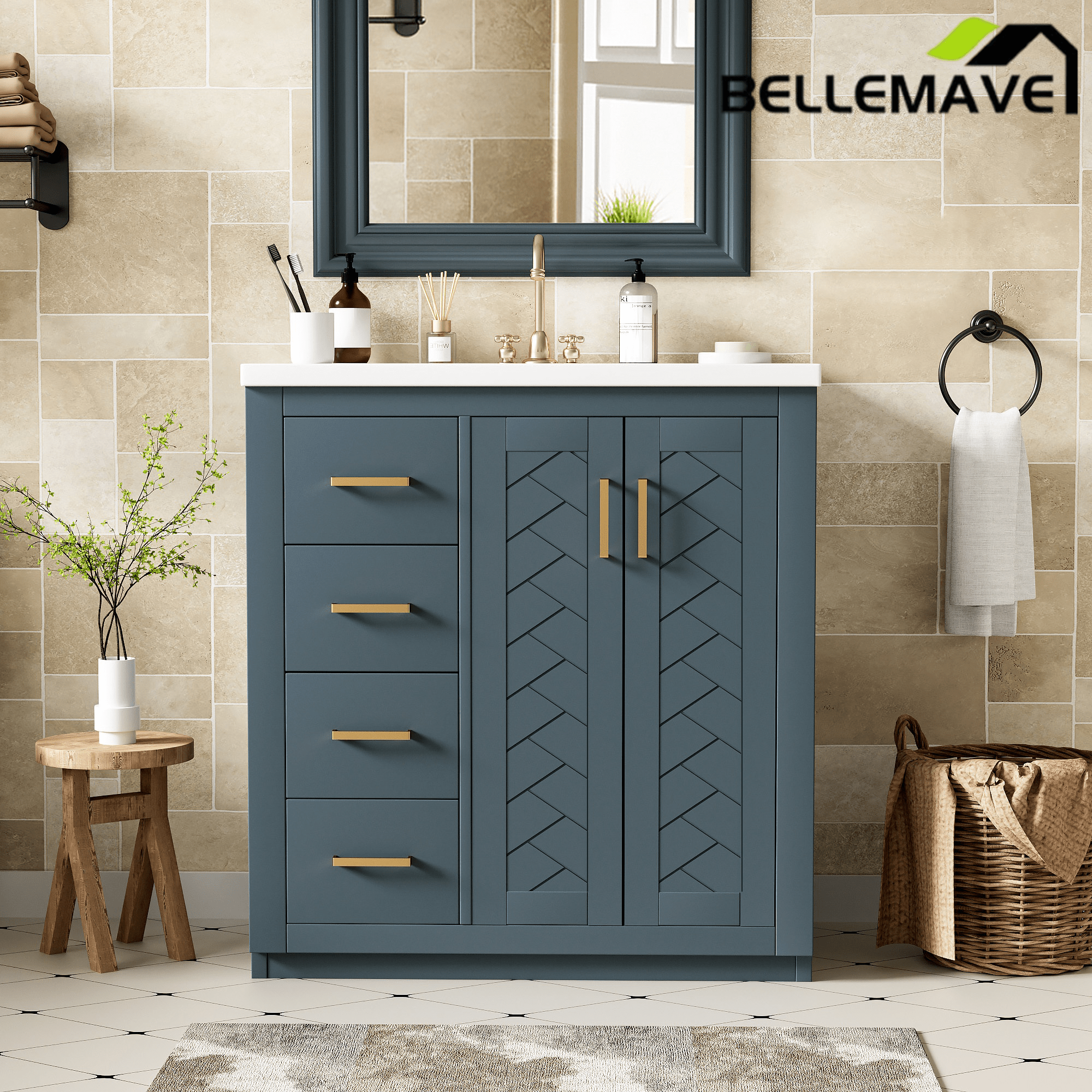 Bellemave® 30 inch Bathroom Vanity with Sink & Countertop,Solid Wood Frame Bathroom Cabinet with Sink,Modern Sink Storage Cabinet with 3 Drawers & Soft Closing Doors - Bellemave