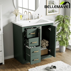 Bellemave® 30 inch Bathroom Vanity with Sink & Countertop,Solid Wood Frame Bathroom Cabinet with Sink,Modern Sink Storage Cabinet with 3 Drawers & Soft Closing Doors - Bellemave