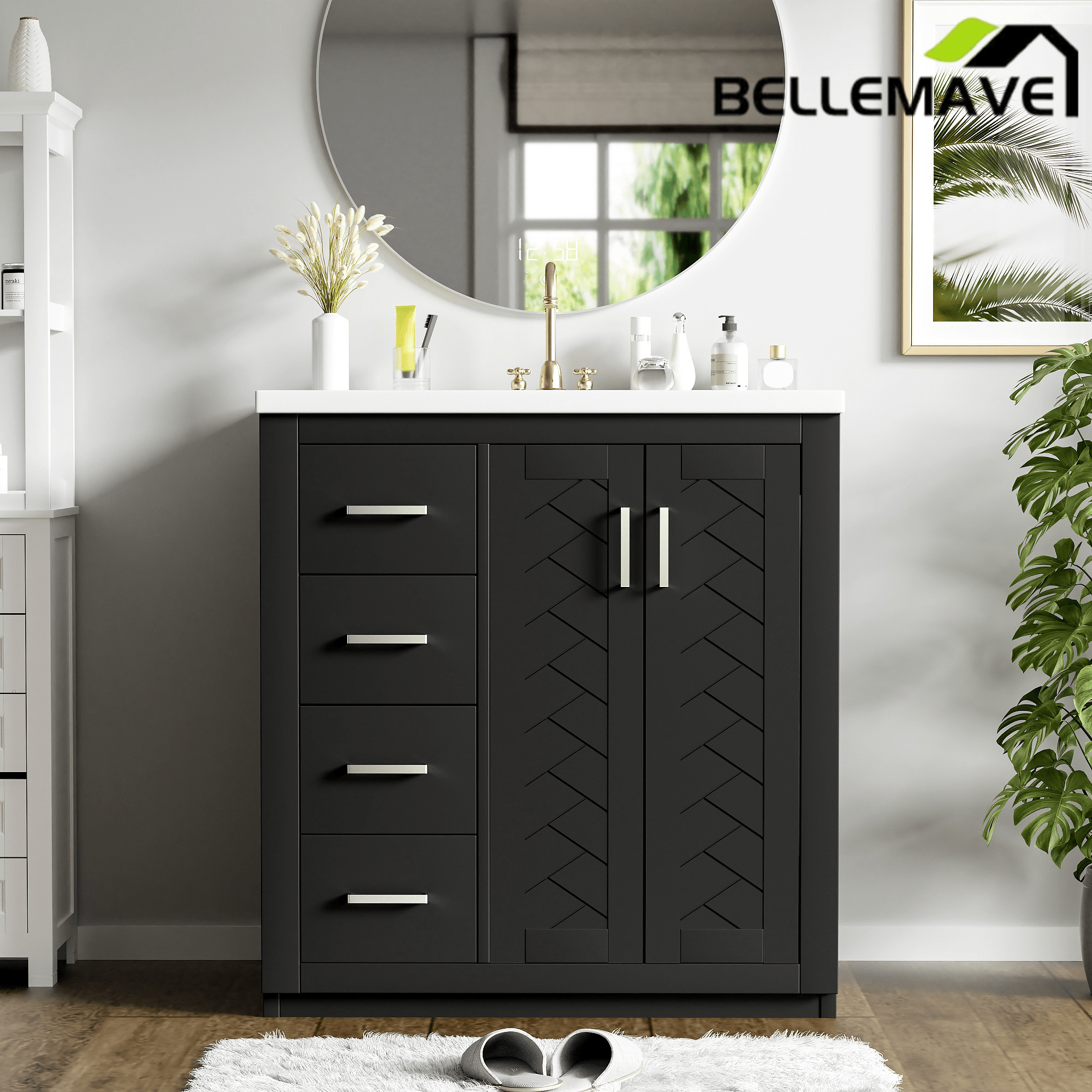 Bellemave® 30 inch Bathroom Vanity with Sink & Countertop,Solid Wood Frame Bathroom Cabinet with Sink,Modern Sink Storage Cabinet with 3 Drawers & Soft Closing Doors - Bellemave
