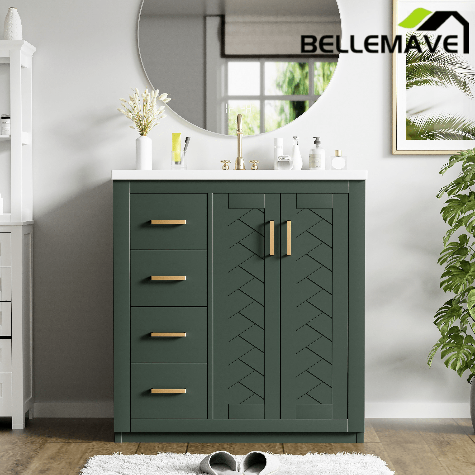 Bellemave® 30 inch Bathroom Vanity with Sink & Countertop,Solid Wood Frame Bathroom Cabinet with Sink,Modern Sink Storage Cabinet with 3 Drawers & Soft Closing Doors - Bellemave