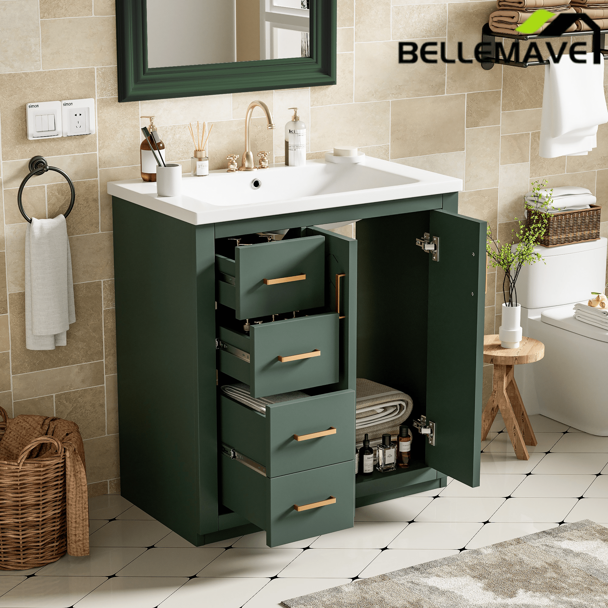 Bellemave® 30 inch Bathroom Vanity with Sink & Countertop,Solid Wood Frame Bathroom Cabinet with Sink,Modern Sink Storage Cabinet with 3 Drawers & Soft Closing Doors - Bellemave