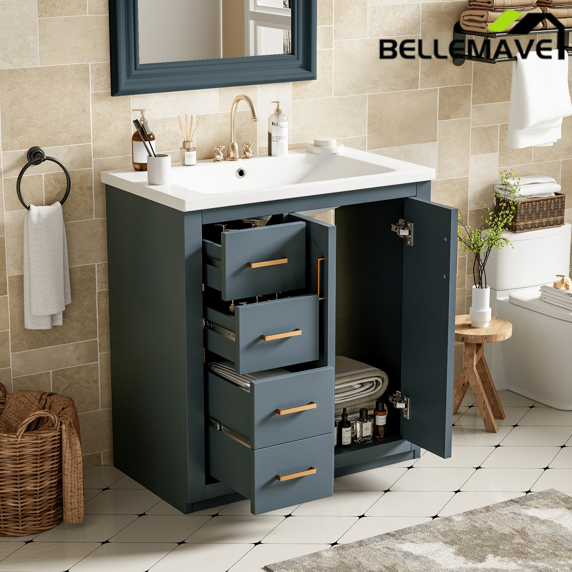 Bellemave® 30 inch Bathroom Vanity with Sink & Countertop,Solid Wood Frame Bathroom Cabinet with Sink,Modern Sink Storage Cabinet with 3 Drawers & Soft Closing Doors - Bellemave