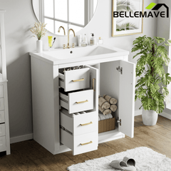 Bellemave® 30 inch Bathroom Vanity with Sink & Countertop,Solid Wood Frame Bathroom Cabinet with Sink,Modern Sink Storage Cabinet with 3 Drawers & Soft Closing Doors - Bellemave
