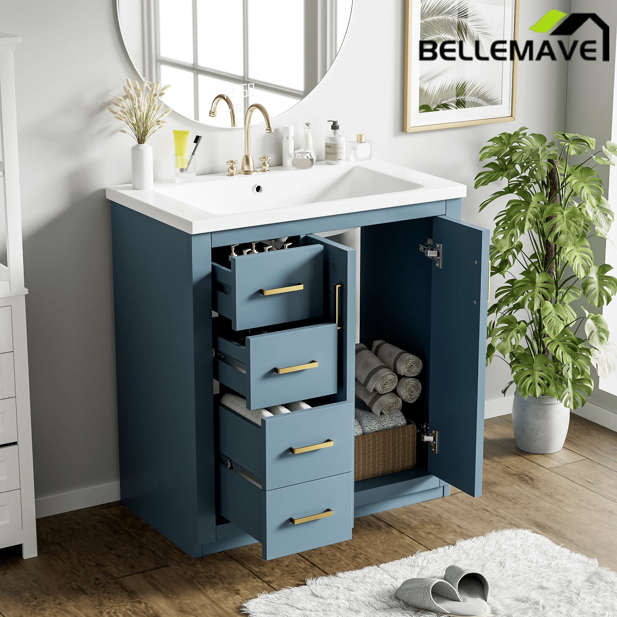 Bellemave® 30 inch Bathroom Vanity with Sink & Countertop,Solid Wood Frame Bathroom Cabinet with Sink,Modern Sink Storage Cabinet with 3 Drawers & Soft Closing Doors - Bellemave