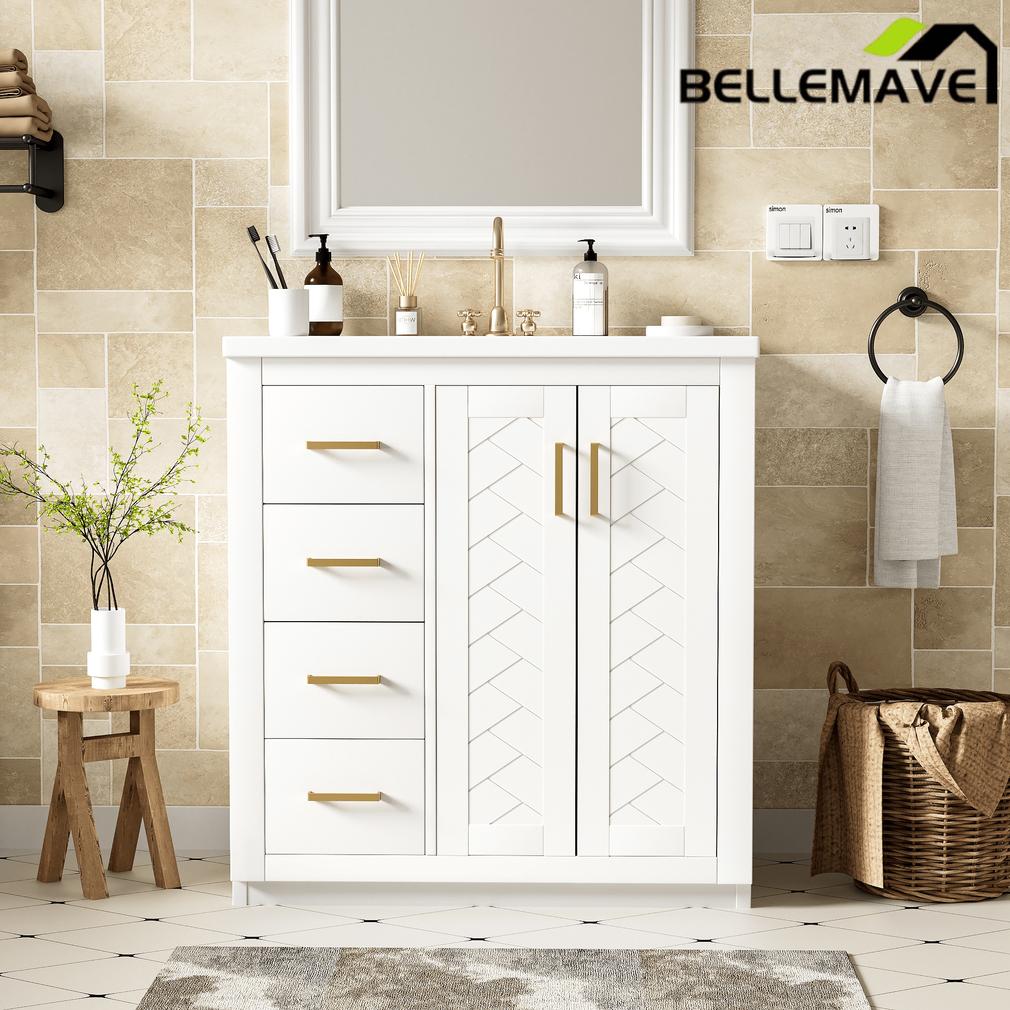 Bellemave® 30 inch Bathroom Vanity with Sink & Countertop,Solid Wood Frame Bathroom Cabinet with Sink,Modern Sink Storage Cabinet with 3 Drawers & Soft Closing Doors - Bellemave
