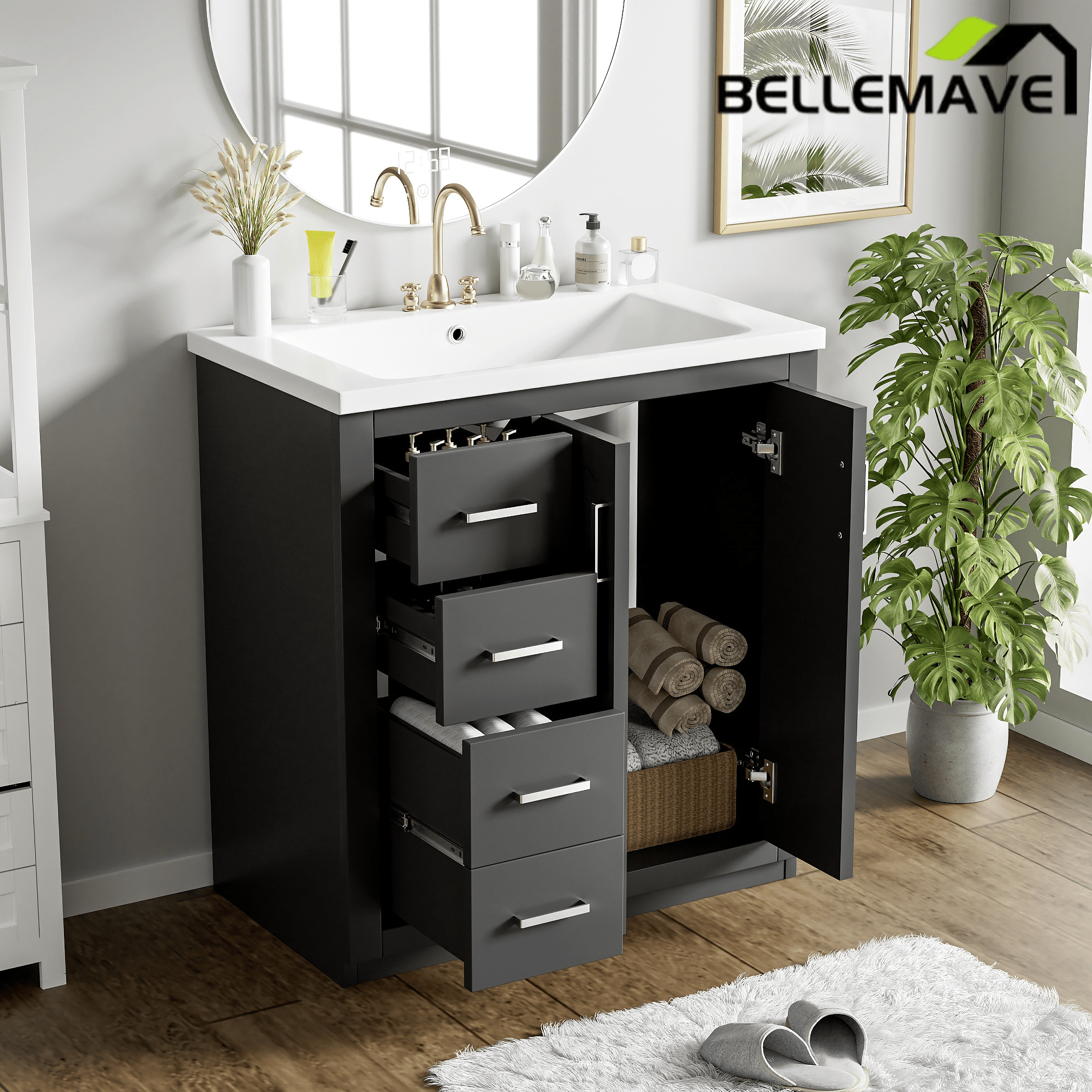 Bellemave® 30 inch Bathroom Vanity with Sink & Countertop,Solid Wood Frame Bathroom Cabinet with Sink,Modern Sink Storage Cabinet with 3 Drawers & Soft Closing Doors - Bellemave