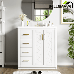 Bellemave® 30 inch Bathroom Vanity with Sink & Countertop,Solid Wood Frame Bathroom Cabinet with Sink,Modern Sink Storage Cabinet with 3 Drawers & Soft Closing Doors - Bellemave