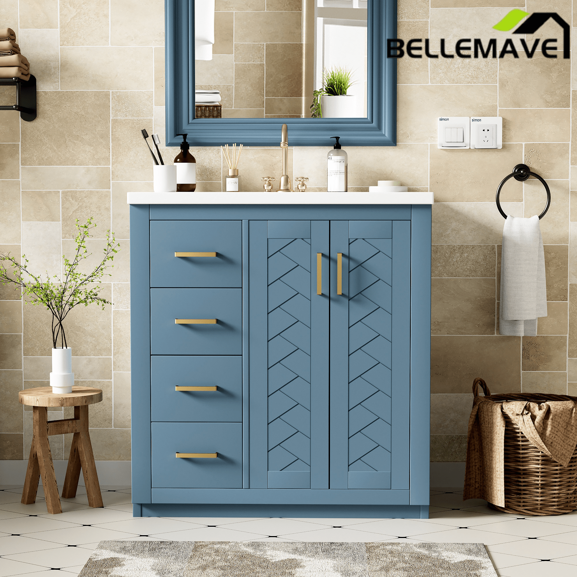 Bellemave® 30 inch Bathroom Vanity with Sink & Countertop,Solid Wood Frame Bathroom Cabinet with Sink,Modern Sink Storage Cabinet with 3 Drawers & Soft Closing Doors - Bellemave