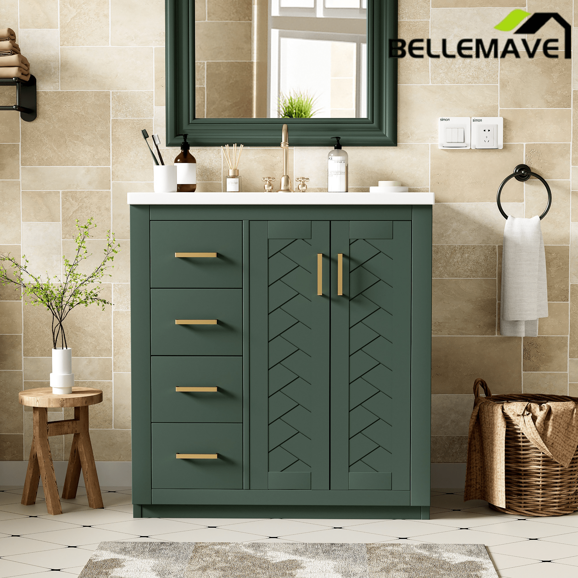 Bellemave® 30 inch Bathroom Vanity with Sink & Countertop,Solid Wood Frame Bathroom Cabinet with Sink,Modern Sink Storage Cabinet with 3 Drawers & Soft Closing Doors - Bellemave