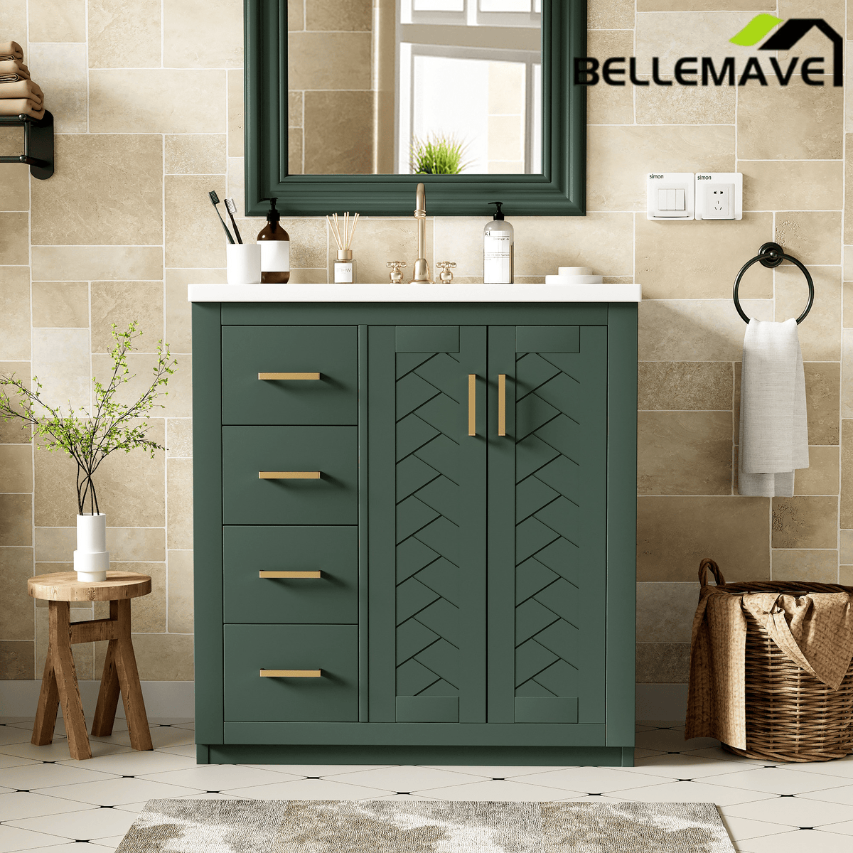 Bellemave® 30 inch Bathroom Vanity with Sink & Countertop,Solid Wood Frame Bathroom Cabinet with Sink,Modern Sink Storage Cabinet with 3 Drawers & Soft Closing Doors - Bellemave
