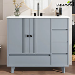 Bellemave® 30" Solid Wood Bathroom Vanity with Sink, 3 Drawers & Semi - Transparent Door, Freestanding Vanity Cabinet Set with Ceramic Basin, Black - Bellemave