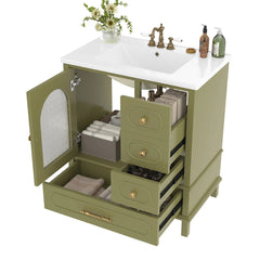 Bellemave® 30" Solid Wood Bathroom Vanity with Sink, 3 Drawers & Semi - Transparent Door, Freestanding Vanity Cabinet Set with Ceramic Basin, Black - Bellemave