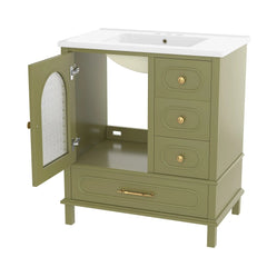 Bellemave® 30" Solid Wood Bathroom Vanity with Sink, 3 Drawers & Semi - Transparent Door, Freestanding Vanity Cabinet Set with Ceramic Basin, Black - Bellemave