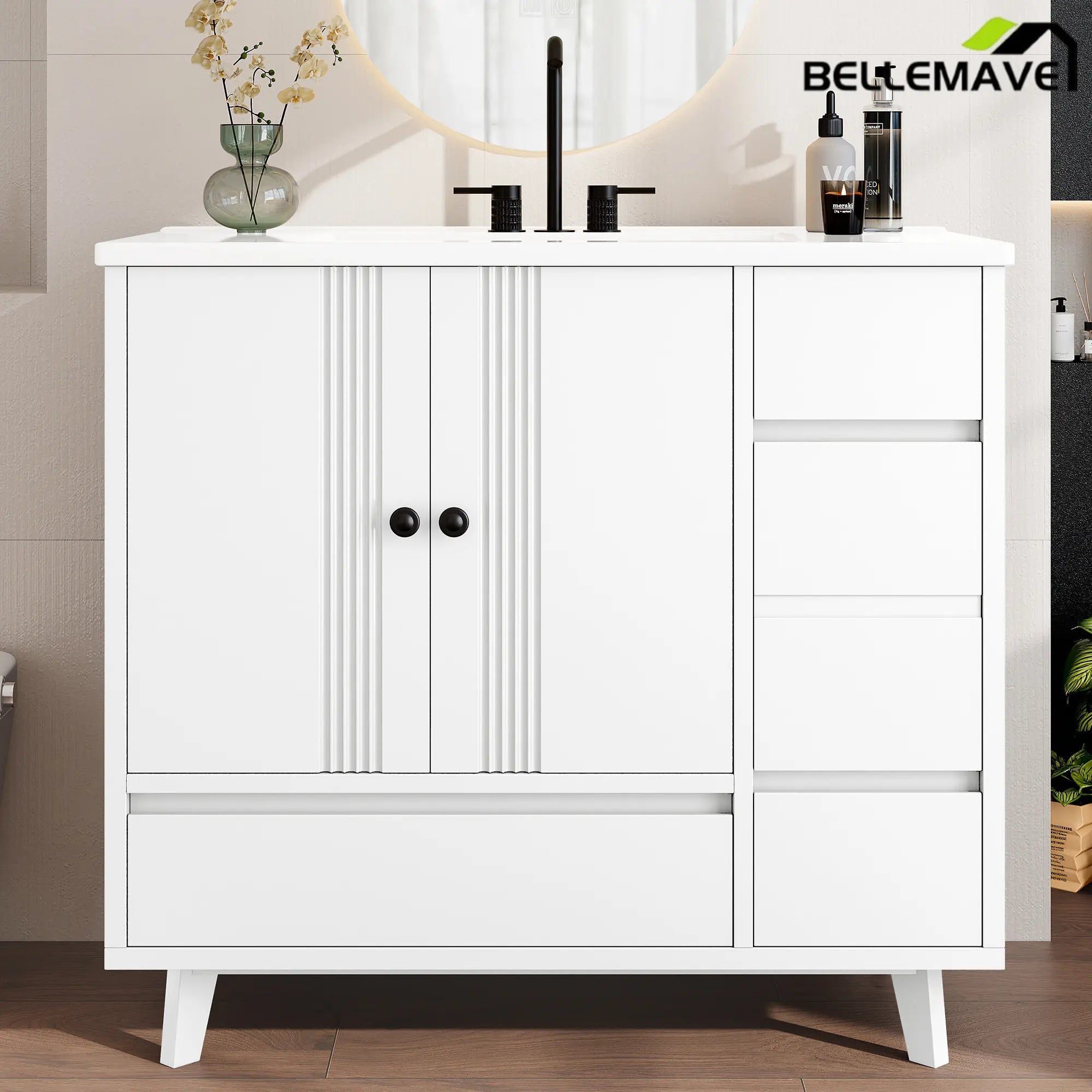 Bellemave® 30" Solid Wood Bathroom Vanity with Sink, 3 Drawers & Semi - Transparent Door, Freestanding Vanity Cabinet Set with Ceramic Basin, Black - Bellemave