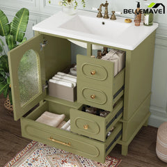 Bellemave® 30" Solid Wood Bathroom Vanity with Sink, 3 Drawers & Semi - Transparent Door, Freestanding Vanity Cabinet Set with Ceramic Basin, Black - Bellemave