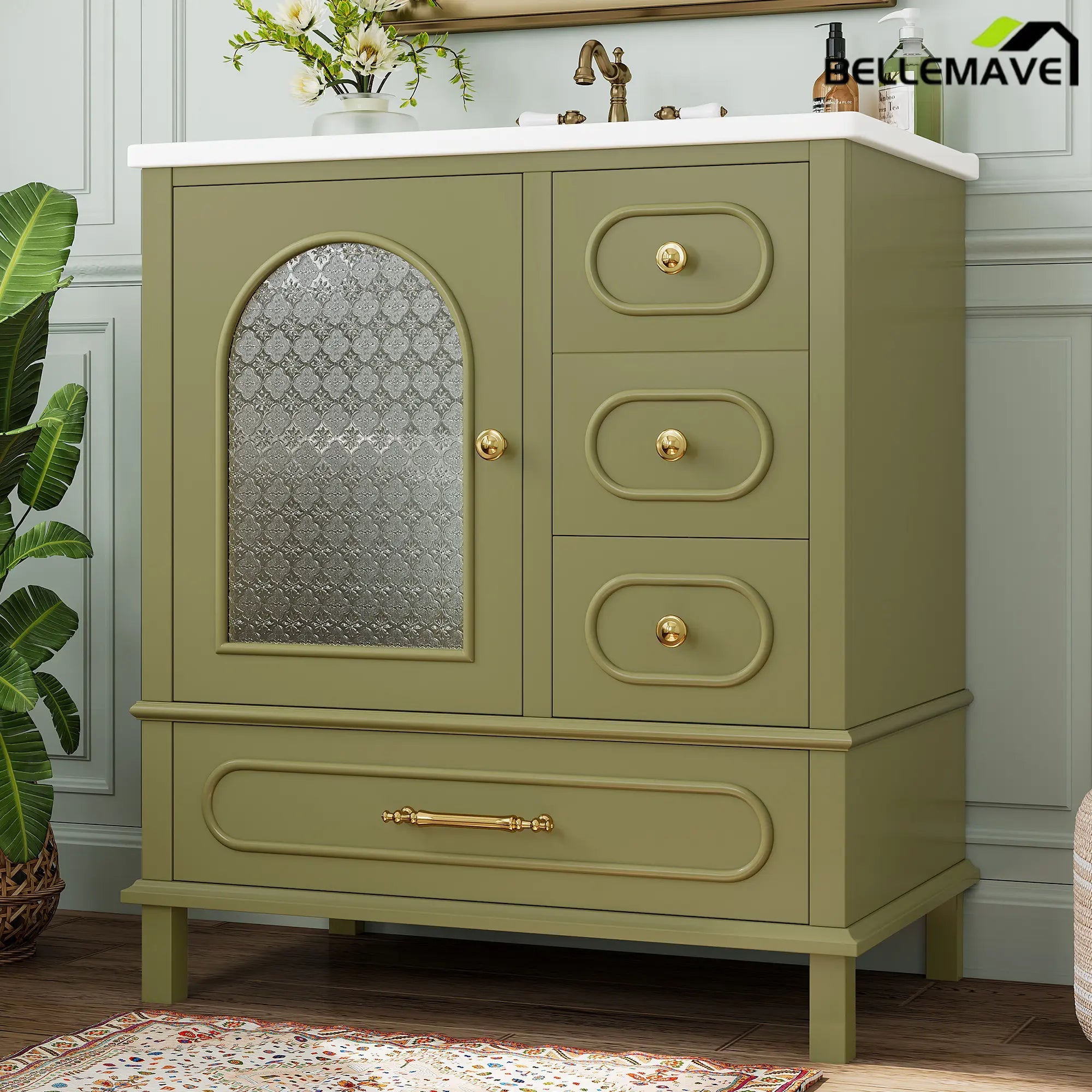 Bellemave® 30" Solid Wood Bathroom Vanity with Sink, 3 Drawers & Semi - Transparent Door, Freestanding Vanity Cabinet Set with Ceramic Basin, Black - Bellemave