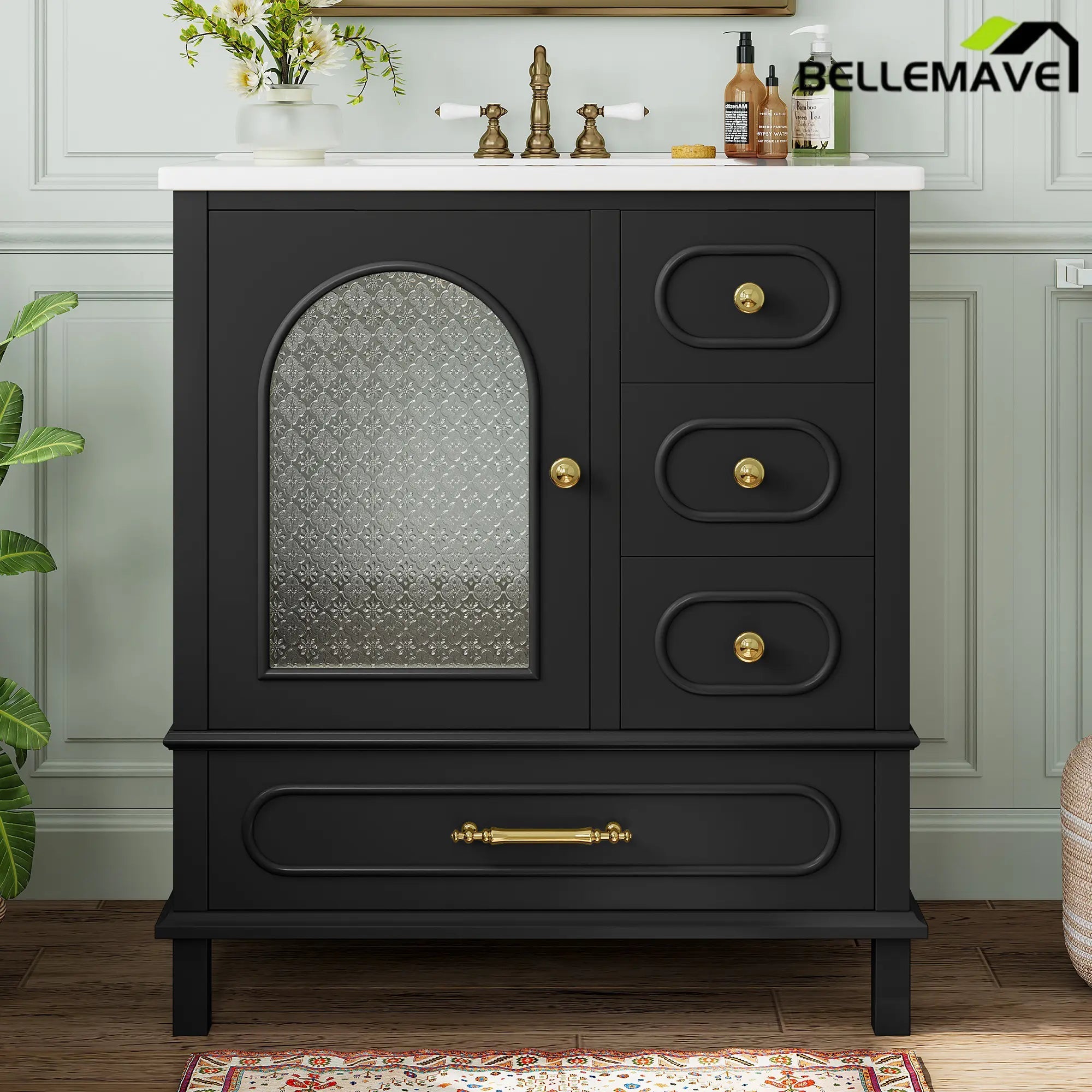 Bellemave® 30" Solid Wood Bathroom Vanity with Sink, 3 Drawers & Semi - Transparent Door, Freestanding Vanity Cabinet Set with Ceramic Basin, Black - Bellemave