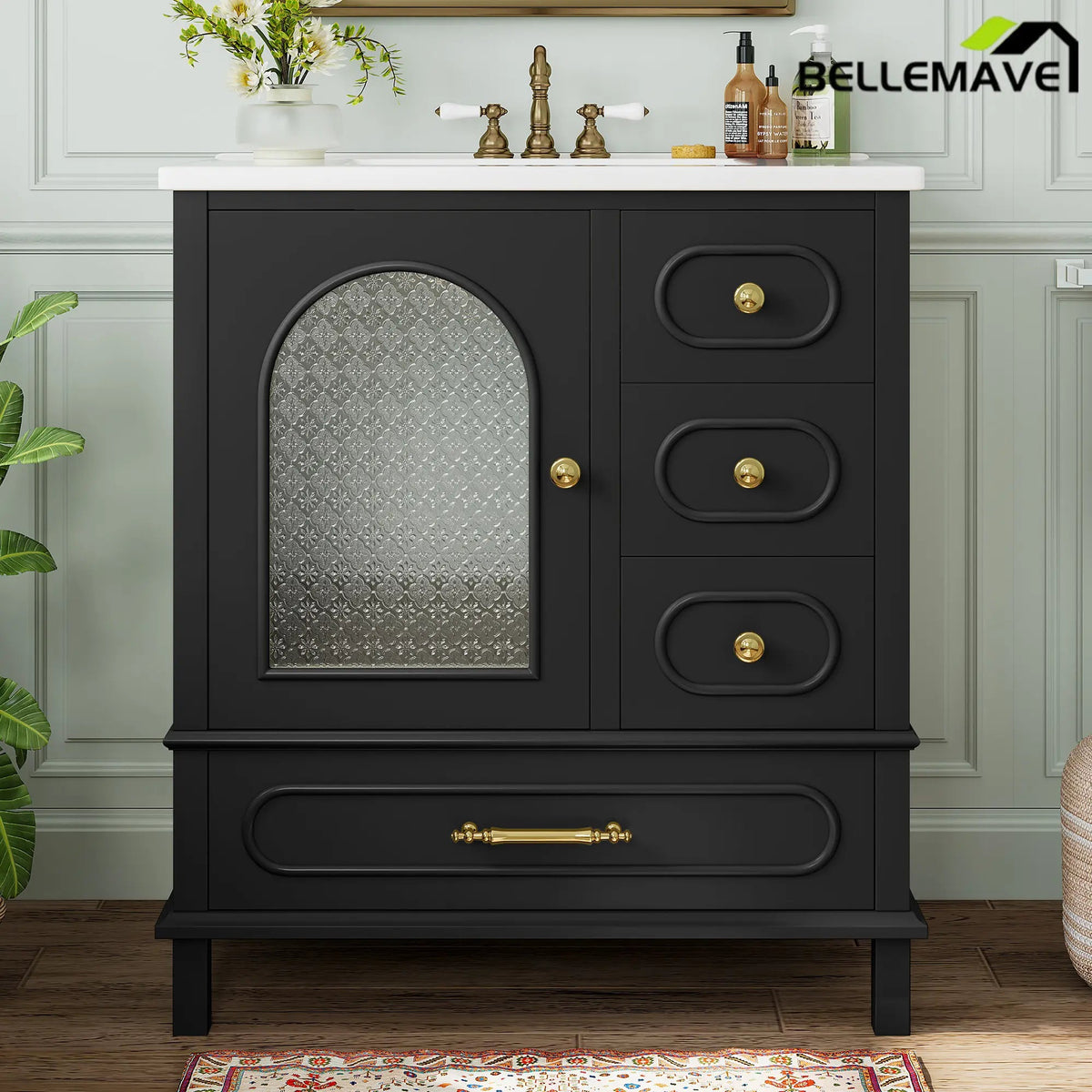 Bellemave® 30" Solid Wood Bathroom Vanity with Sink, 3 Drawers & Semi - Transparent Door, Freestanding Vanity Cabinet Set with Ceramic Basin, Black - Bellemave