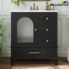 Bellemave® 30" Solid Wood Bathroom Vanity with Sink, 3 Drawers & Semi - Transparent Door, Freestanding Vanity Cabinet Set with Ceramic Basin, Black - Bellemave