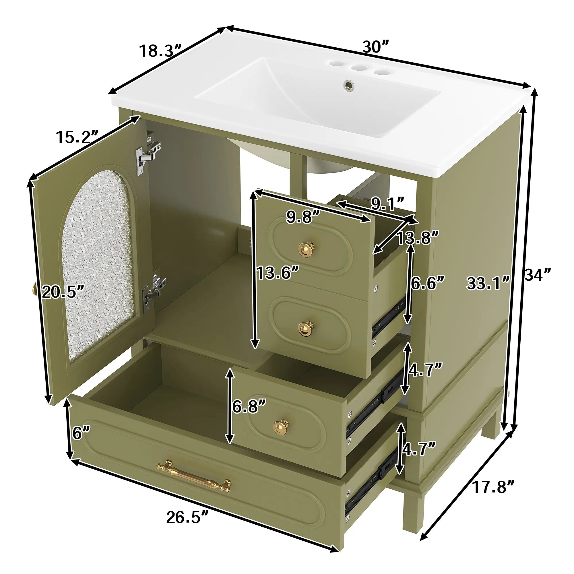 Bellemave® 30" Solid Wood Bathroom Vanity with Sink, 3 Drawers & Semi - Transparent Door, Freestanding Vanity Cabinet Set with Ceramic Basin, Black - Bellemave