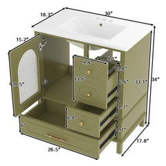 Bellemave® 30" Solid Wood Bathroom Vanity with Sink, 3 Drawers & Semi - Transparent Door, Freestanding Vanity Cabinet Set with Ceramic Basin, Black - Bellemave