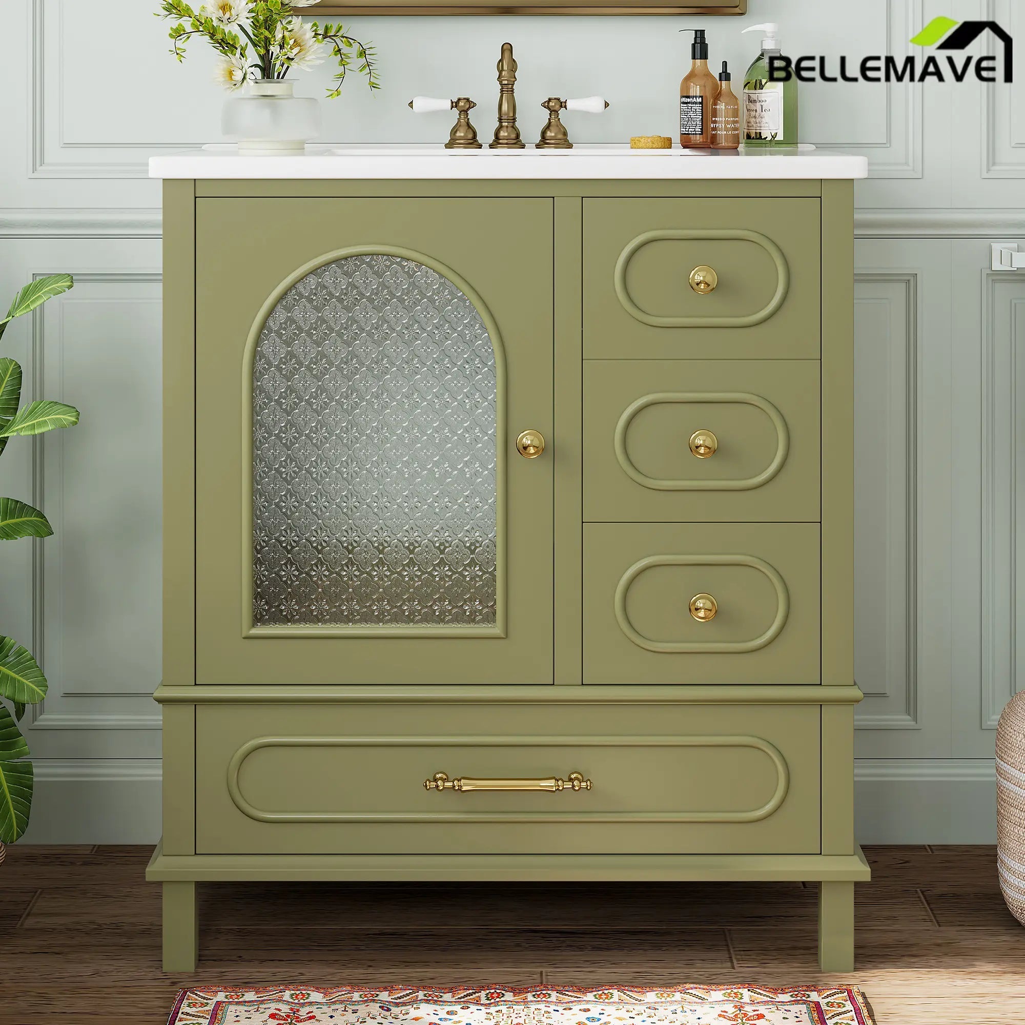 Bellemave® 30" Solid Wood Bathroom Vanity with Sink, 3 Drawers & Semi - Transparent Door, Freestanding Vanity Cabinet Set with Ceramic Basin, Black - Bellemave