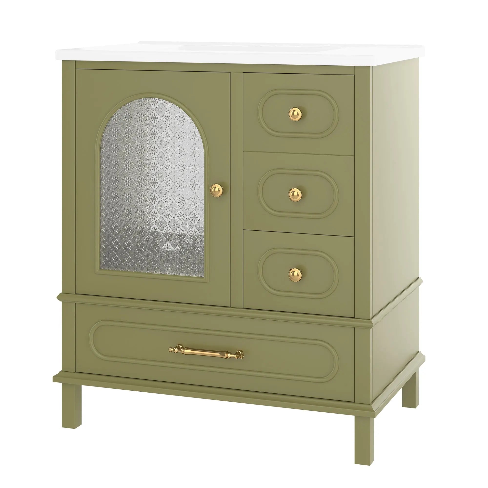 Bellemave® 30" Solid Wood Bathroom Vanity with Sink, 3 Drawers & Semi - Transparent Door, Freestanding Vanity Cabinet Set with Ceramic Basin, Black - Bellemave