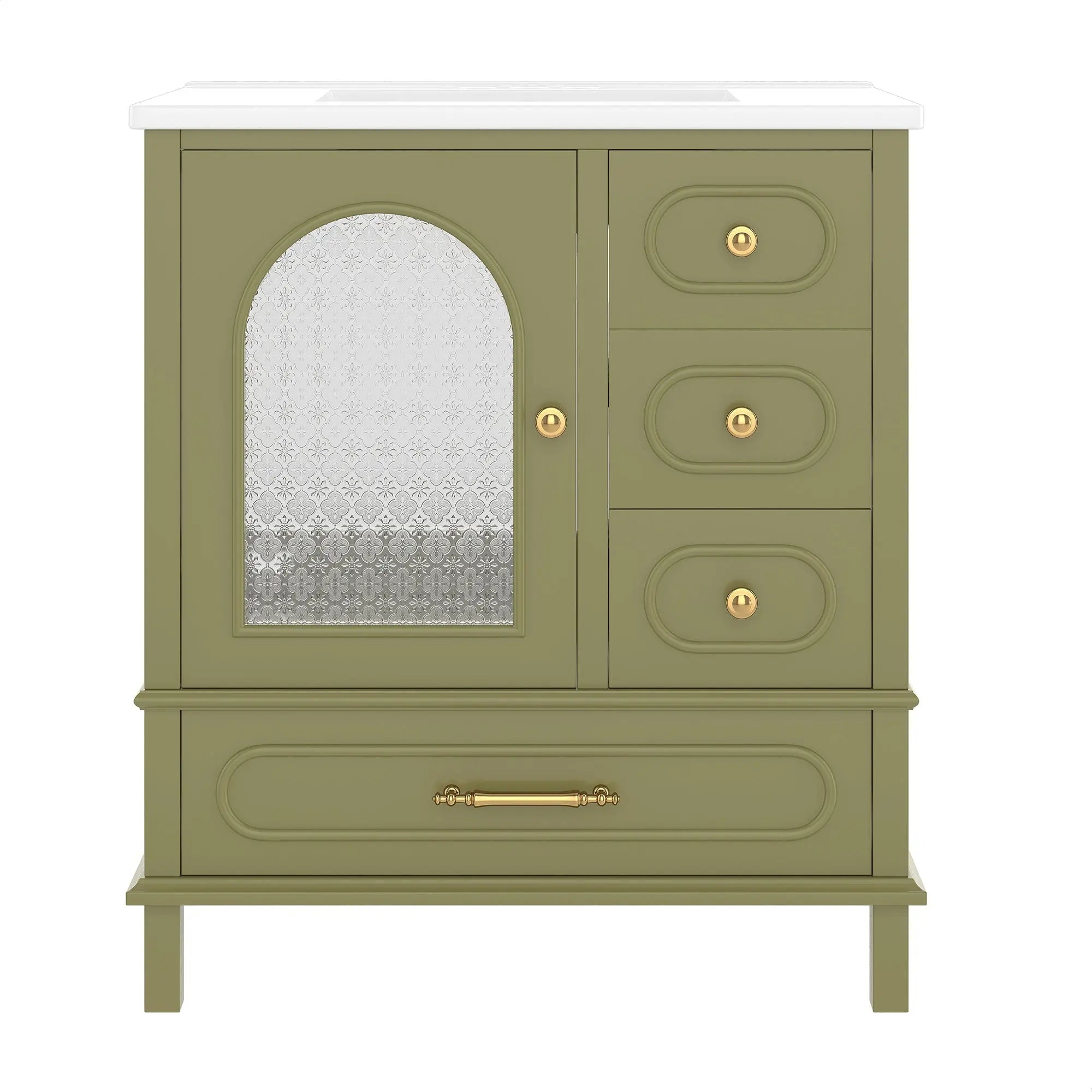 Bellemave® 30" Solid Wood Bathroom Vanity with Sink, 3 Drawers & Semi - Transparent Door, Freestanding Vanity Cabinet Set with Ceramic Basin, Black - Bellemave