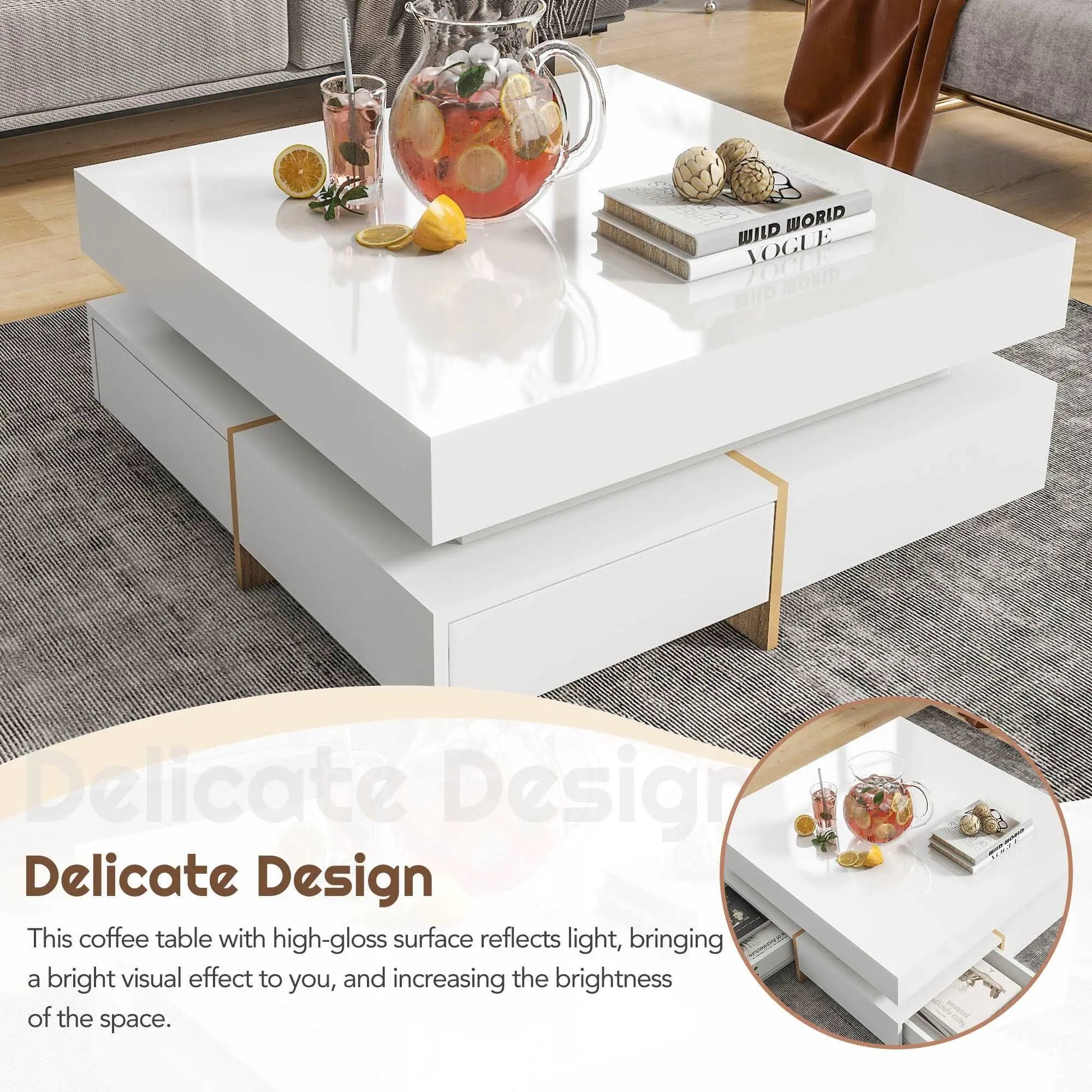 Bellemave® 31.5" Multi - Storage Square Cocktail Tea Table with 4 Drawers and Wood Grain Legs - Bellemave