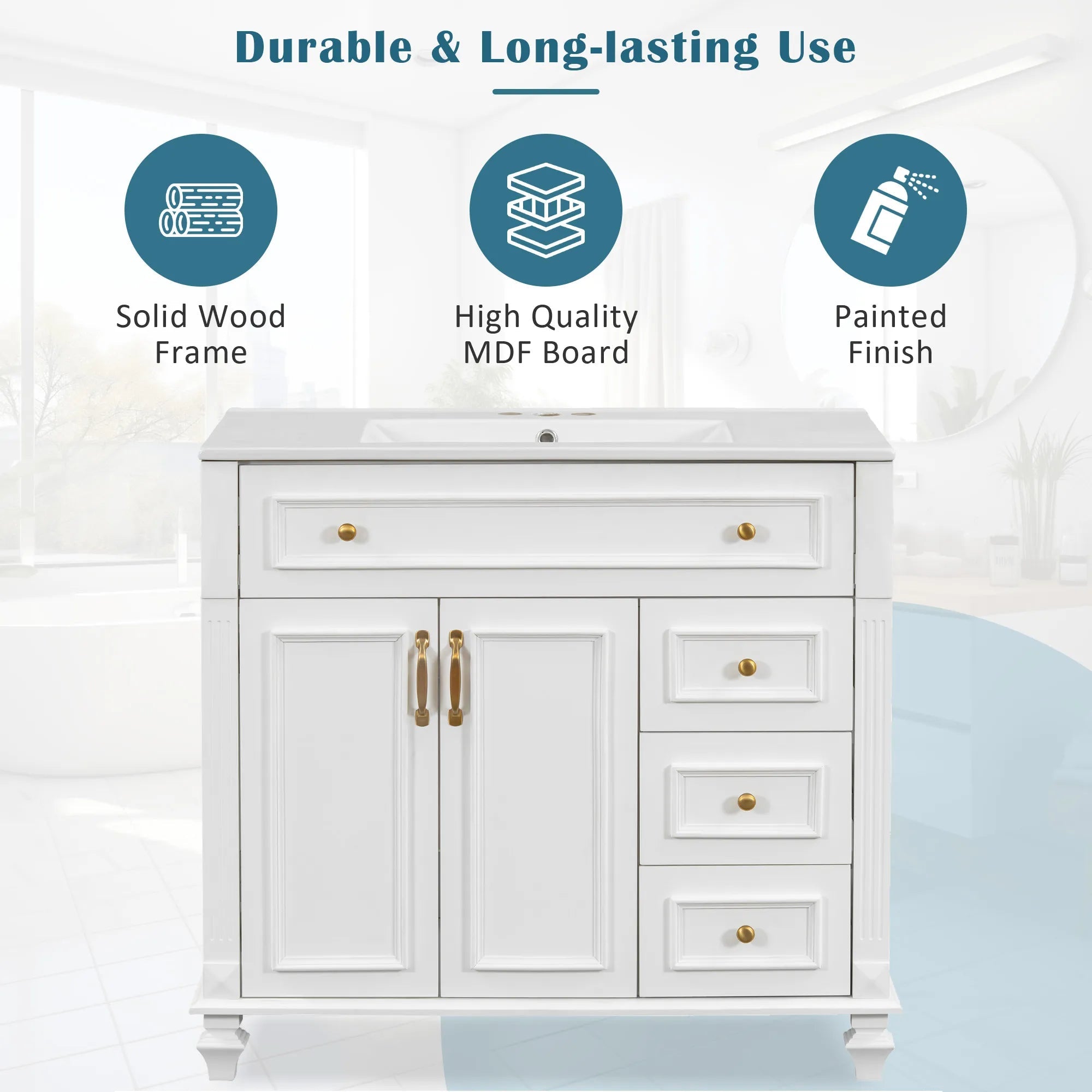 Bellemave® 36" Bathroom Vanity with Sink, Flip - Out Drawer, 3 Drawers, 2 Soft - Close Doors,Elegant Gold Hardware - Bellemave