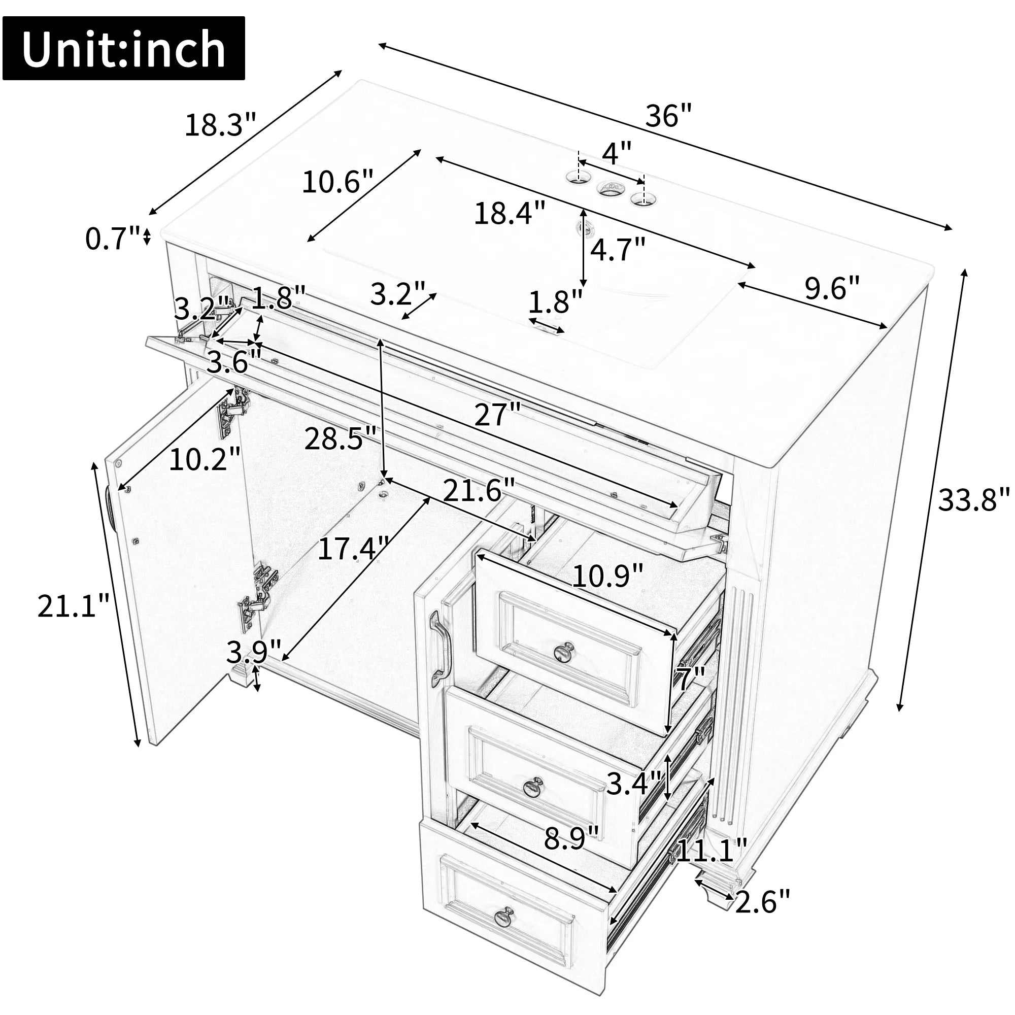 Bellemave® 36" Bathroom Vanity with Sink, Flip - Out Drawer, 3 Drawers, 2 Soft - Close Doors,Elegant Gold Hardware - Bellemave