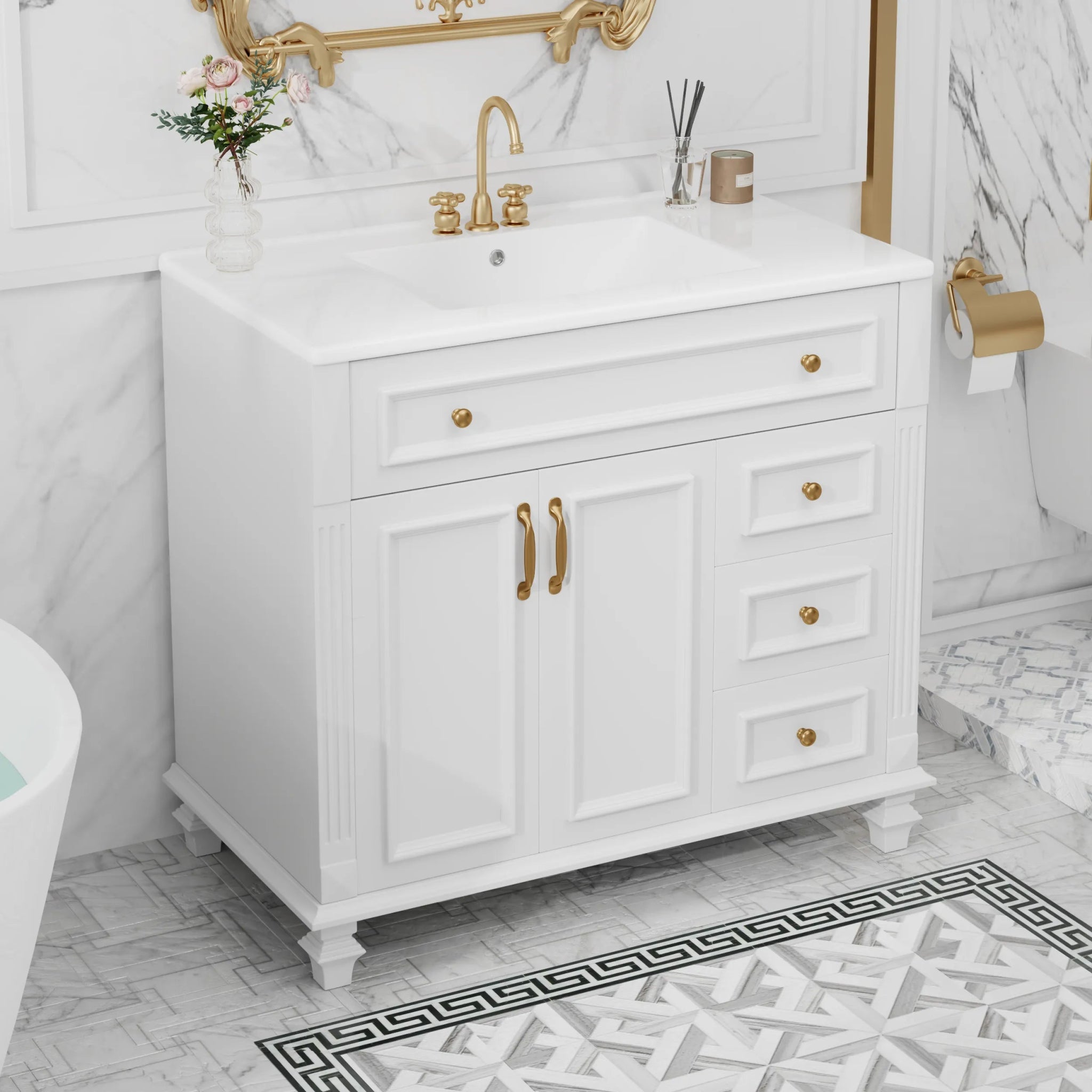 Bellemave® 36" Bathroom Vanity with Sink, Flip - Out Drawer, 3 Drawers, 2 Soft - Close Doors,Elegant Gold Hardware - Bellemave